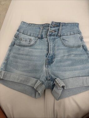 Forever 21 Light Blue High-Rise Rolled Cuff Denim Shorts